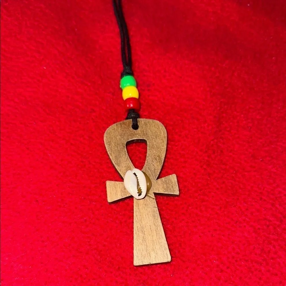 Wooden Ankh Pendant Necklace with Beads